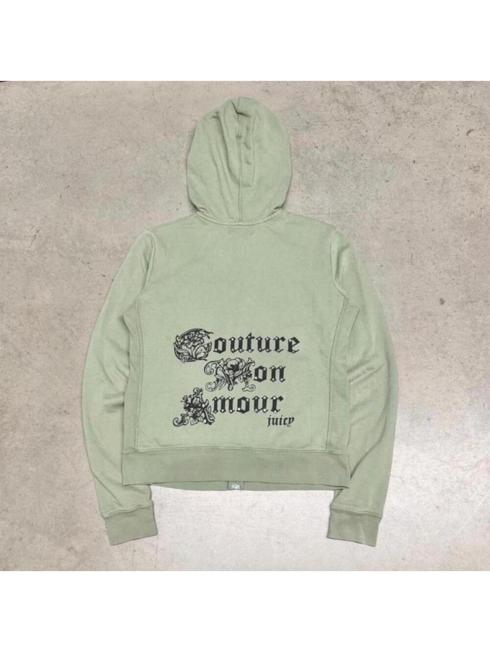 Vintage Y2K Juicy Couture Hoodie Women's XL Green Zip Up Mon Amour Made In USA